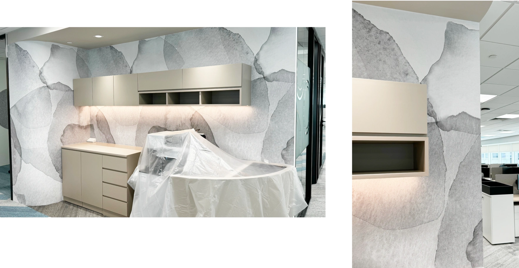 Photocopy area look stunning with wallpaper installation